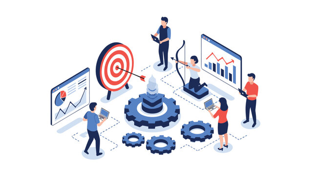 Group of business people collaborating in an isometric scene focusing on a bullseye target, gears, and data charts for success.
