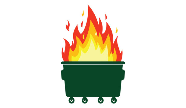 A green dumpster on fire with flames coming out of it