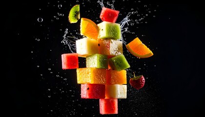Cubed fruit cascade against black backdrop with water droplets and vibrant colors