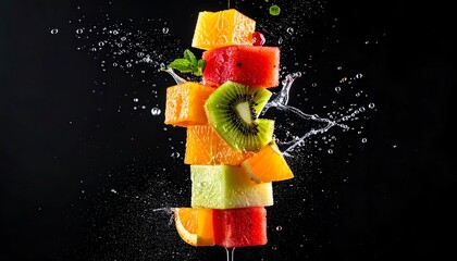 Stacked fruit cubes splash with water drops on a dark background