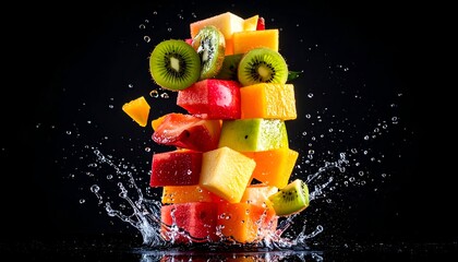 Stacked fruit cubes with splashing water on dark background, vibrant and fresh