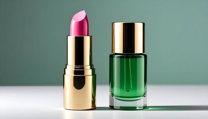 Lipstick and perfume, vibrant pink and green tones, elegant, on white surface