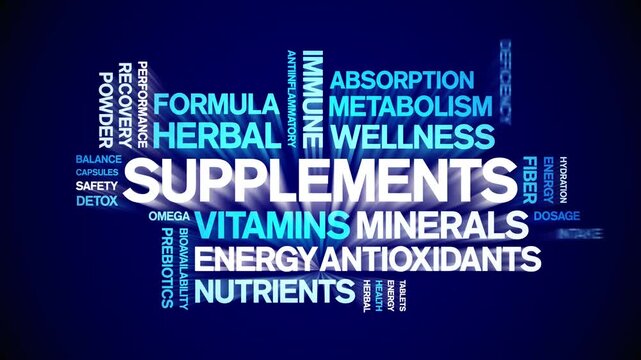 Supplements animated word cloud-text design animation tag kinetic typography seamless loop.