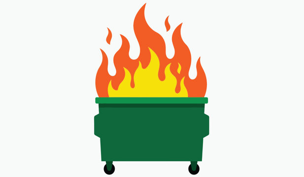 A green dumpster on fire with flames coming out of it on a plain background