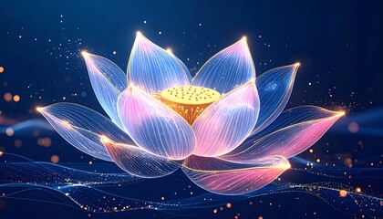 Ethereal lotus flower with glowing outlines on dark blue background