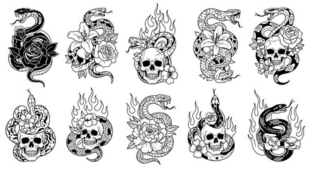 Obraz premium A collection of ten detailed black and white illustrations of howling wolves, each framed with geometric and natural elements like moons, stars, and branches, in a tattoo art style.