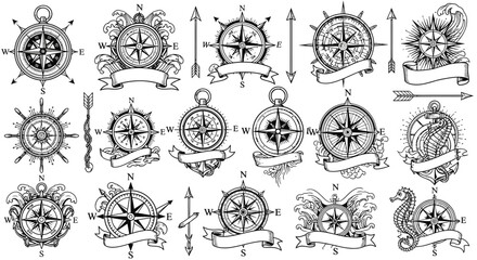 Collection of vintage compass rose designs with nautical elements, ship wheels, banners, and arrows, in black and white vector illustrations. © Story