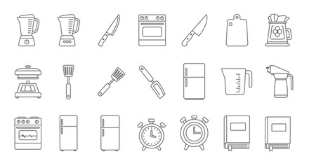 Fototapeta premium Collection of line art icons depicting various kitchen appliances, cooking utensils, and household items like blenders, knives, stoves, refrigerators, and clocks.