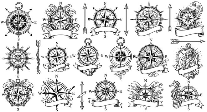 Collection of vintage compass rose designs with nautical elements, ship wheels, banners, and arrows, in black and white vector illustrations.
