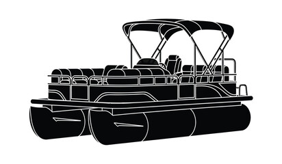 Black and white illustration of a pontoon boat with canopy © Thysl2000