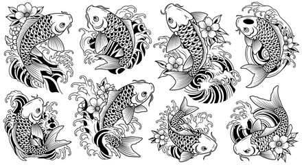 Set of detailed black and white koi fish illustrations in traditional style.