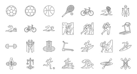 Collection of various black line sport and fitness icons on white background.