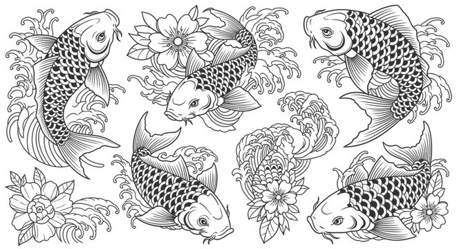 Intricate black and white koi fish with floral patterns in traditional style.