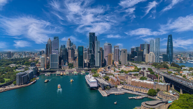 5 February 2026 Aerial View of Sydney Harbour Circular Quay cruise Liner on a nice Summer day beautiful Sky in Sydney NSW Australia