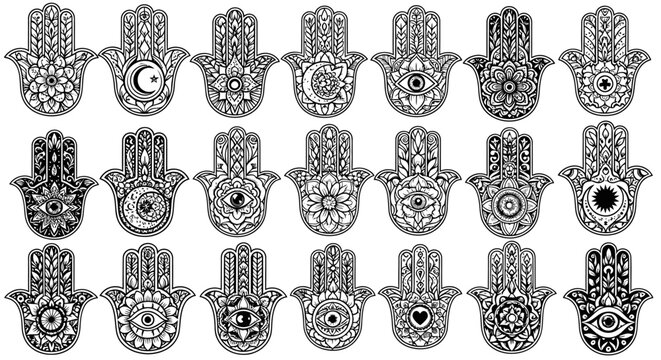 Collection of detailed black and white Hamsa hand symbols with intricate patterns.