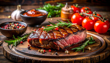Grilled Beef Steak with Rosemary Chili and BBQ Sauce on Rustic Wooden Board