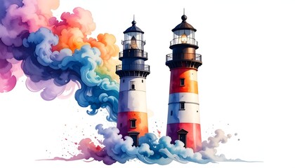 Two lighthouses stand amid colorful smoke clouds, painted style