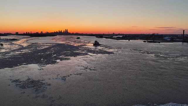 Flying Towards Center City Philadelphia along the Frozen Delaware River
