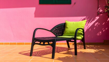 Black bench with green pillow against pink wall on tiled floor