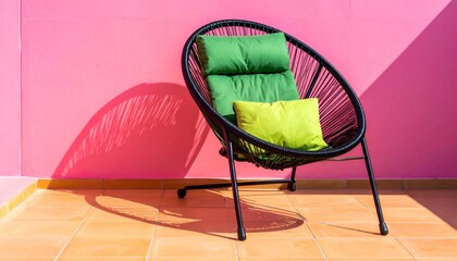 Modern black chair with green pillows against vibrant pink wall, sunlit patio