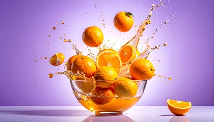 Oranges overflowing bowl, splashing juice on violet background. Colorful fruit still