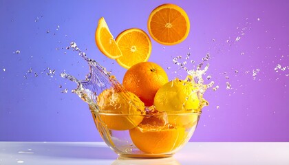 Citrus fruits splash in glass bowl; purple/blue gradient background