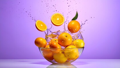 Oranges & citrus in glass bowl, splash effect, vibrant purple backdrop