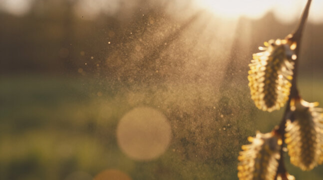 The ultimate "High-Intensity" problem background for hay fever relief advertising, showcasing a shimmering, dense cloud of natural allergens caught in powerful golden-hour light.