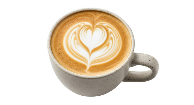 Latte art in a speckled mug isolated PNG, coffee drink with heart design on transparent background for cafe menu and social media