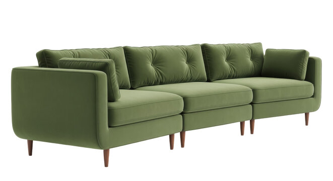 Modern olive green velvet sofa isolated PNG, contemporary couch with tufted cushions on transparent background for interior design projects