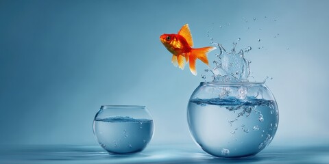 The goldfish leaping out of a bowl into fresh water for freedom