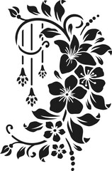 Black floral ornamental with hanging and swirling vines on a white background Keywords: floral, ornamental, black, white, hanging, swirling, vines, decorative