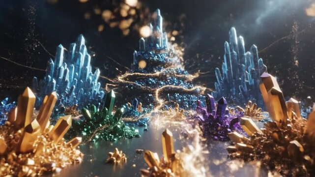 Vibrant crystalline structures in shades of blue, gold, and purple with sparkling particles against a dark background with cinematic lighting.
