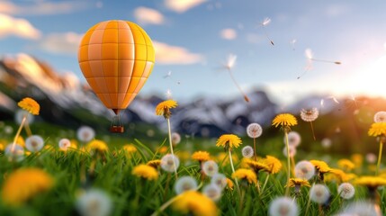 Fototapeta premium Vibrant Hot Air Balloon Over Sunlit Meadow Filled With Dandelions and Mountains in Background During Golden Hour