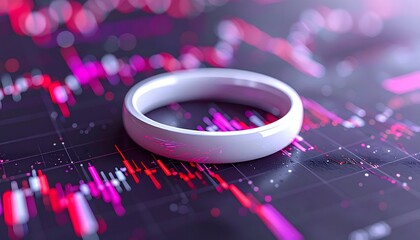 Simple white ring sits on a data graph with pink and red financial figures