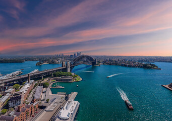 Naklejka premium 5 February 2026 Aerial View of Sydney Harbour Circular Quay cruise Liner on a nice Summer day beautiful Sky in Sydney NSW Australia