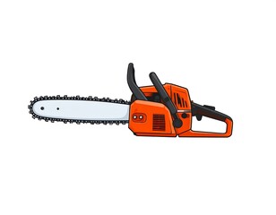 Flat illustration of an orange chainsaw on a white backdrop
