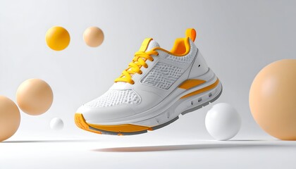 White sneaker floats with orange accents amidst floating tan and white spheres