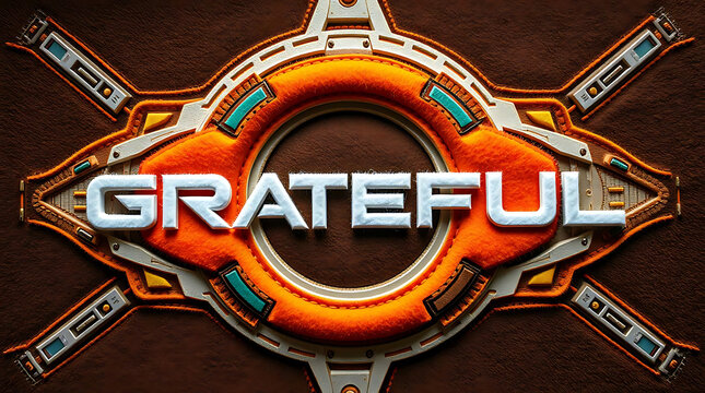 Grateful metallic emblem with orange and silver accents on dark background approximately 190 characters