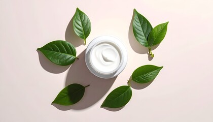 Open white cream jar surrounded by vibrant green leaves on soft pink