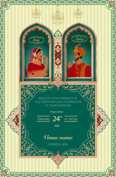 Indian Wedding Invitation Card with Royal Mughal Arch Couple Art