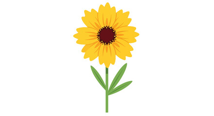 Obraz premium Vibrant yellow blossom illustration with a prominent dark brown center and fresh green leaves on a slender stem, conveying natural serenity and
