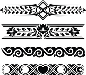 Set of four black decorative horizontal borders with varied patterns including leaves, flowers, and hearts on white
