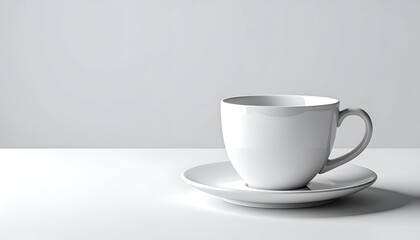 Elegant white cup and saucer on a table against a light neutral background