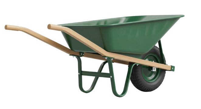 Green metal wheelbarrow isolated PNG, garden cart for landscaping and construction on transparent background, single wheel barrow