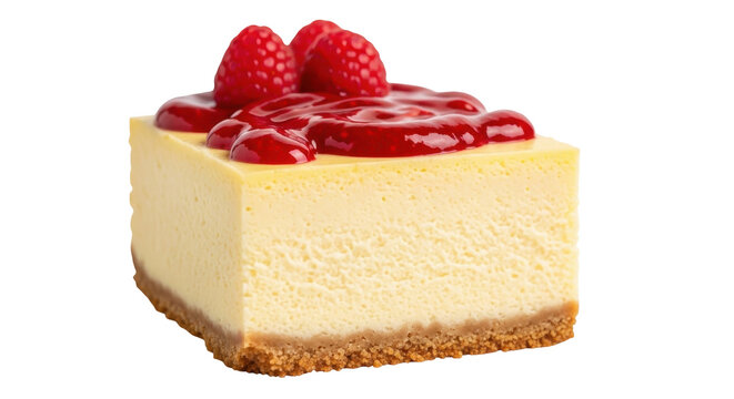 Delicious cheesecake square slice with raspberry topping isolated PNG, sweet dessert for cafe menu and pastry shop promotions
