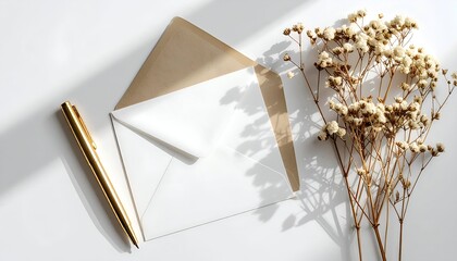 Open envelope, gold pen, & dried flowers casting shadows on a white surface