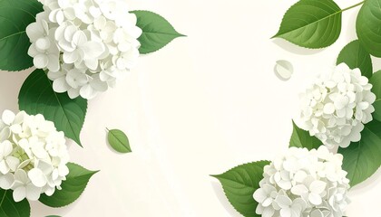 White Hydrangea blooms and leaves create a delicate frame on a creamy background