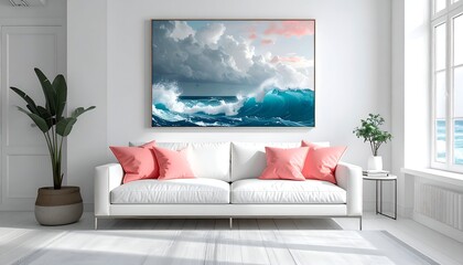 Coastal chic room seascape art over white sofa, coral pillows, bright, serene