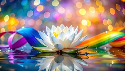 White lotus blossom in water, colorful bokeh background, ribbon accents